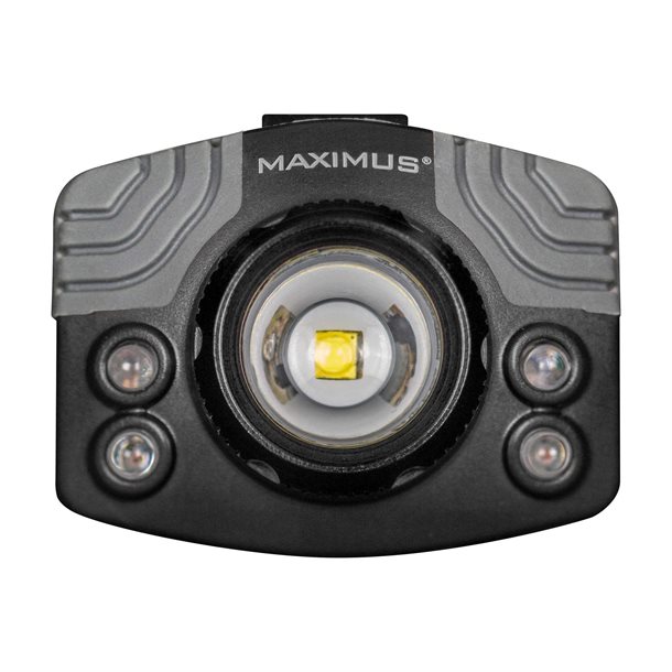 MAXIMUS Pandelampe 400 lumen med fokuslinse, flash funktion og rødt og blåt frontlys 